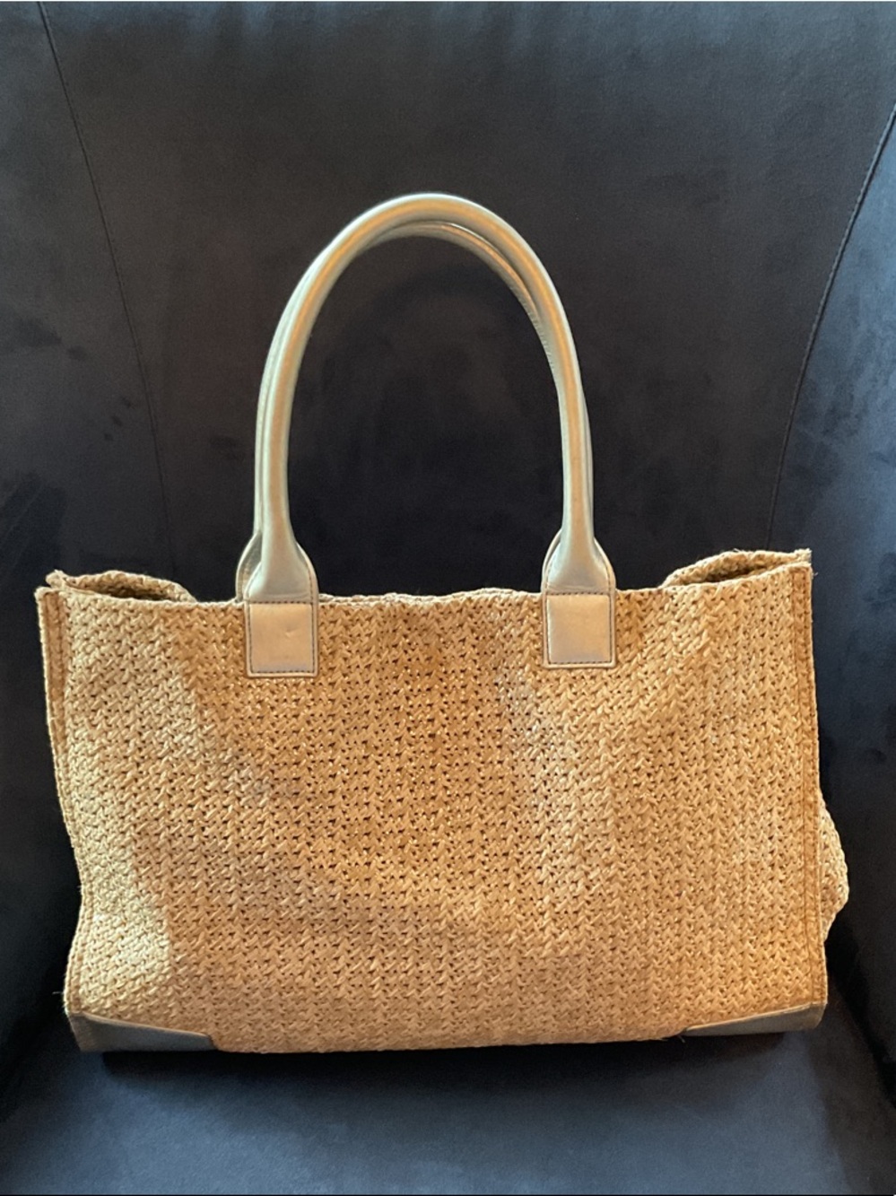 Tory Burch Tan Raffia Tote with Silver Leather Trim - Picture 6 of 10